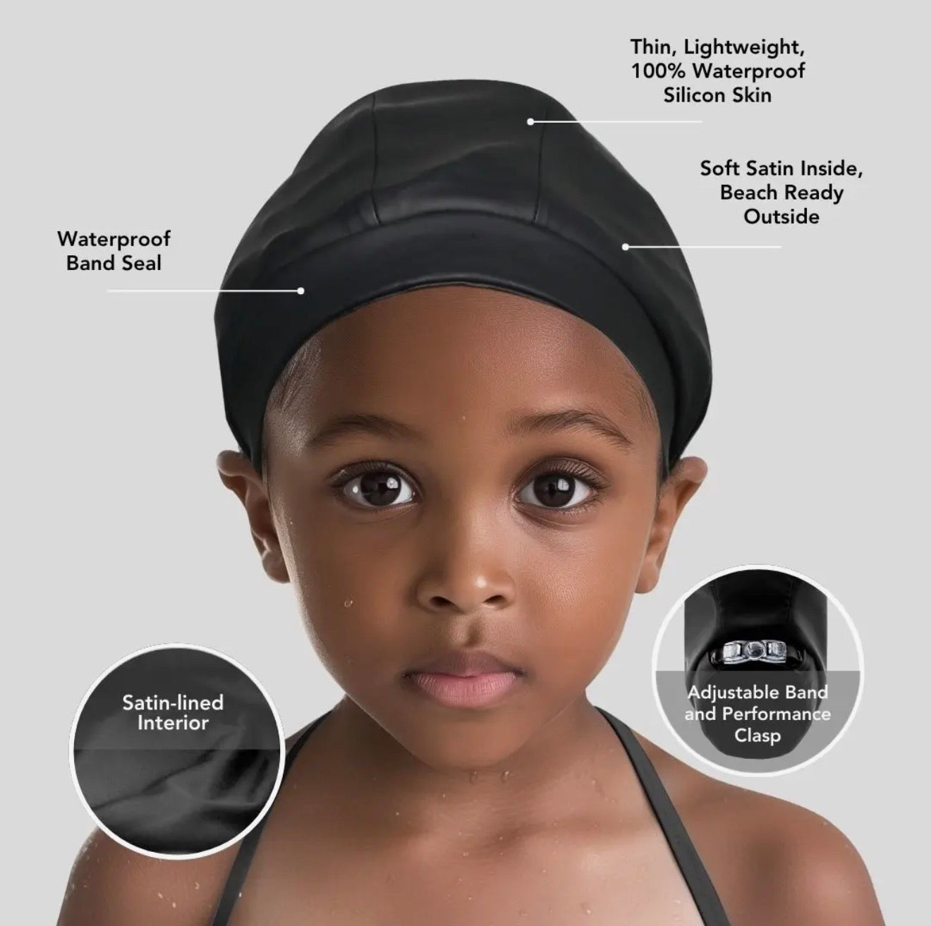 Hairbrella Satin-Lined Waterproof, Adjustable Kids Swim Cap