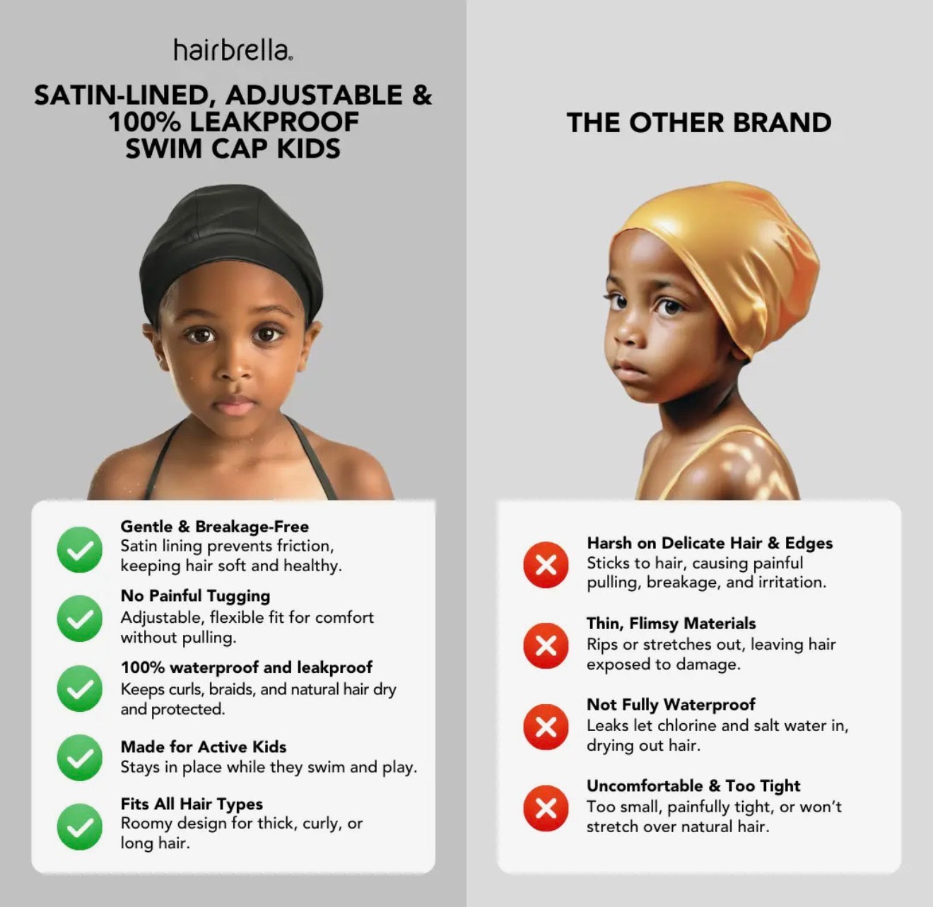 Hairbrella Satin-Lined Waterproof, Adjustable Kids Swim Cap